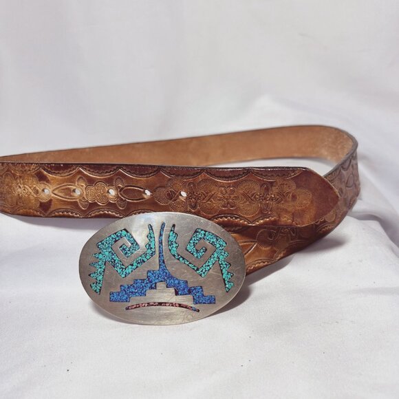 Mexican Silver-Turquoise Belt Buckle-Inlaid Stones/Chips-Tooled Leather Vintage